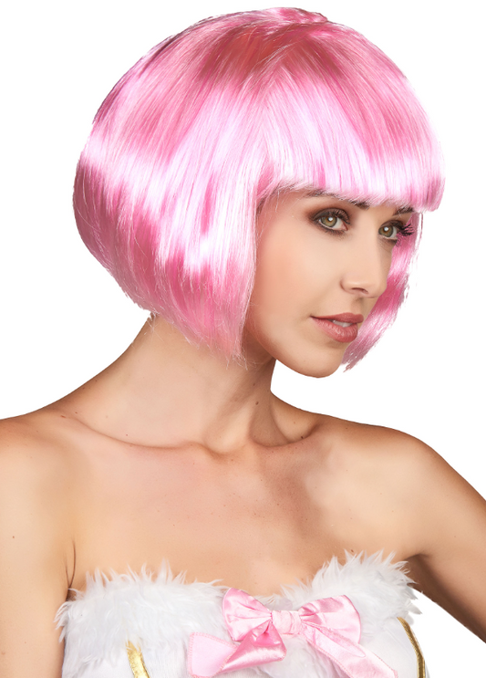 Perruque courte rose à frange femme
