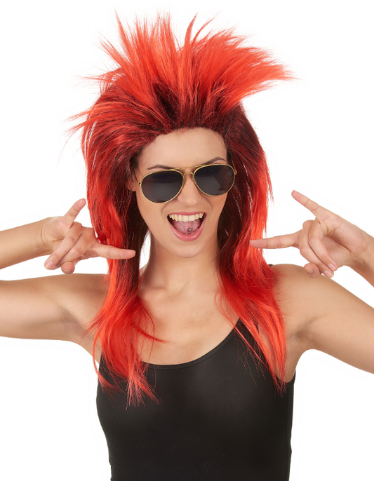 Perruque chanteuse de rock rouge et noire femme