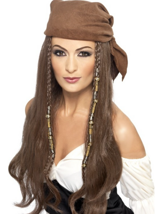 Perruque longue chatain pirate femme