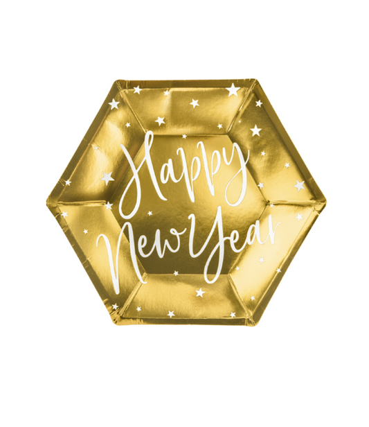 Assiettes en carton happy new year dorées 20 cm