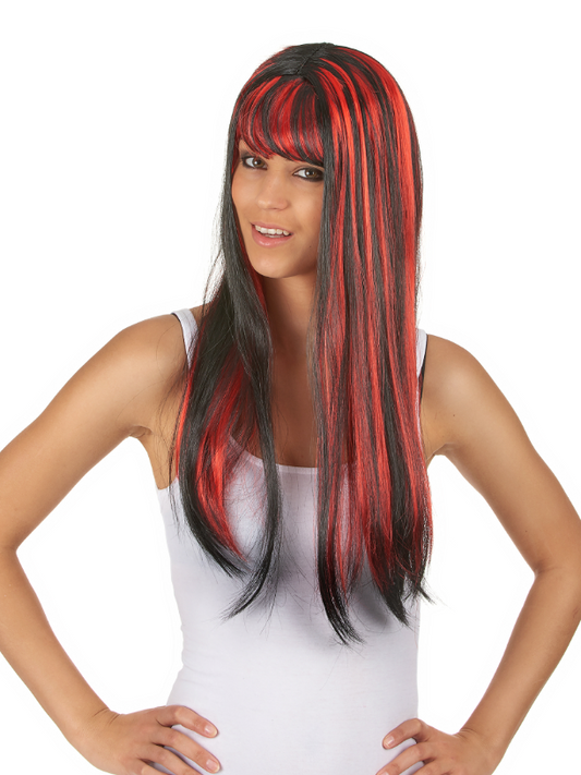 Perruque longue noire avec frange et balayage rouge femme