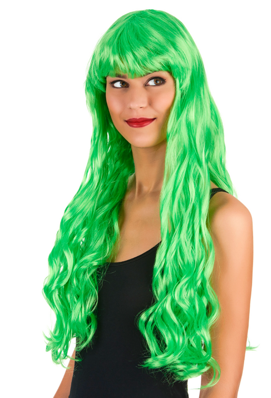 Perruque longue ondulée Vert fluo avec frange femme