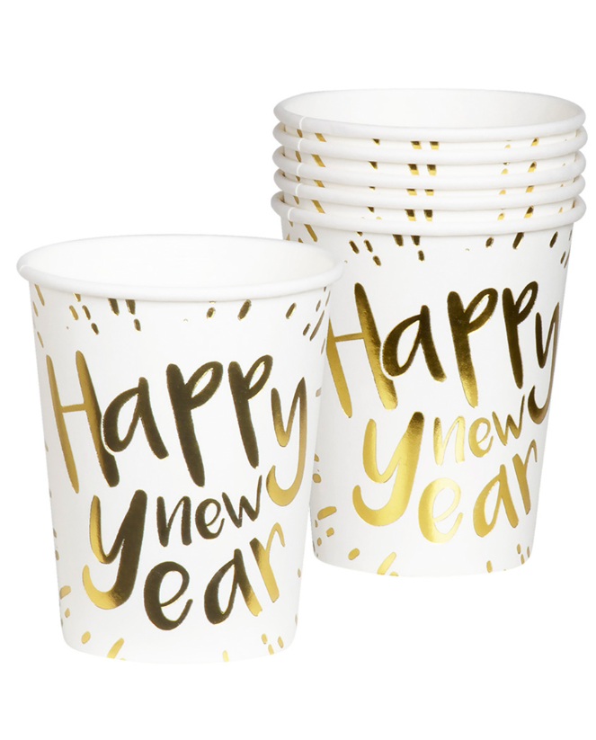 Gobelets en carton Happy New Year blancs et dorés 21 cl