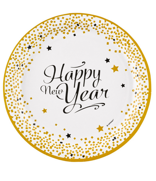 Assiettes en carton happy new year doré 23 cm