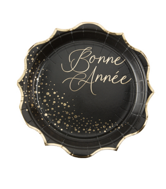 Assiettes en carton Bonne année noires et or 23 cm
